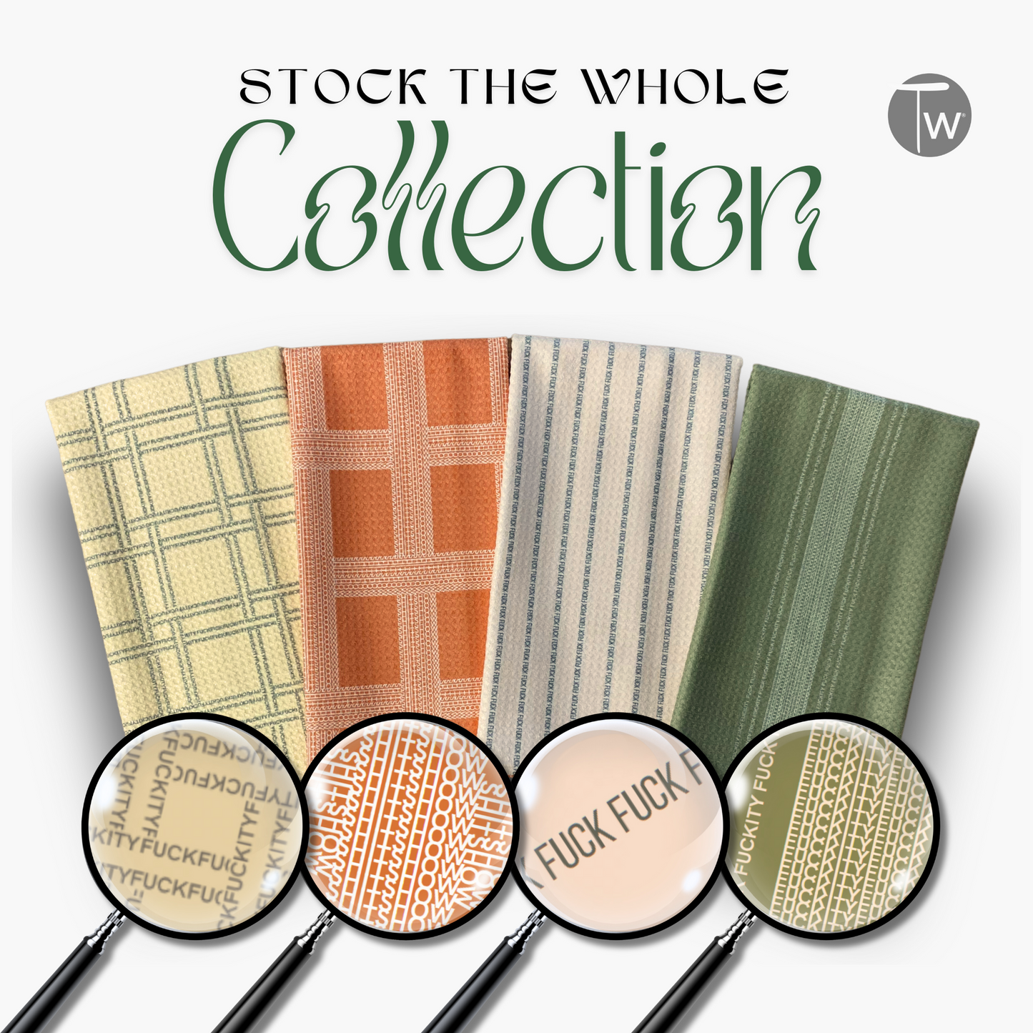 F-ity plaid illusion fall edition towels in orange, green, and neutral patterns displayed with magnifying glasses.