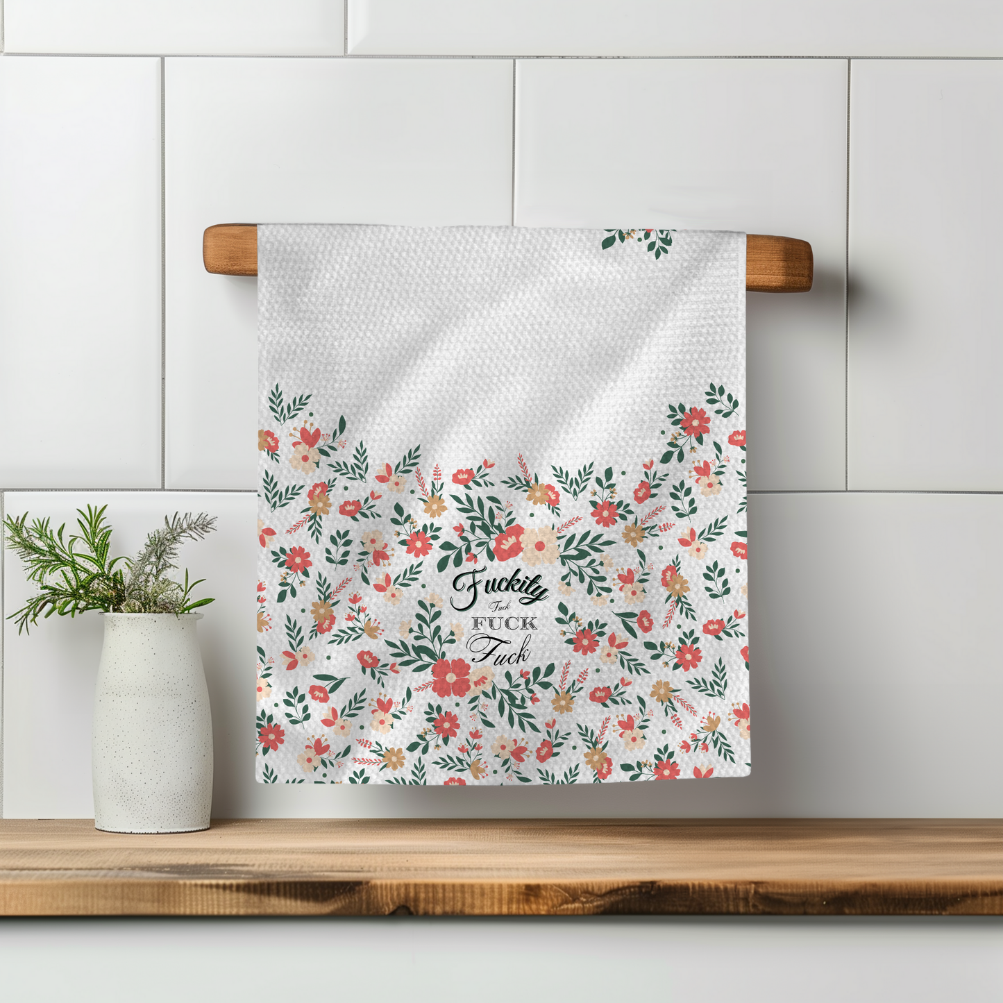 Vintage Fkity Fk Perfect Towel with floral design, featuring pink and green flowers on a white background, hanging on a wo...