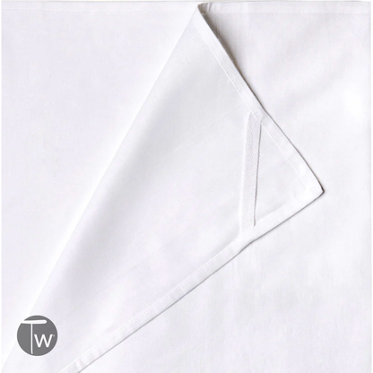White cotton tea towel with a folded corner, featuring a plain design and neat stitching.