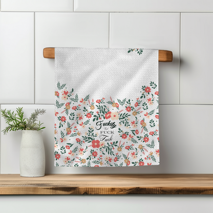 Vintage Fkity Fk Perfect Towel with floral design, featuring pink and green flowers on a white background, hanging on a wo...