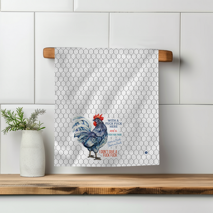 Perfect Towel™ featuring a rooster design with the text "With a fuck fuck here" on a hexagonal background.