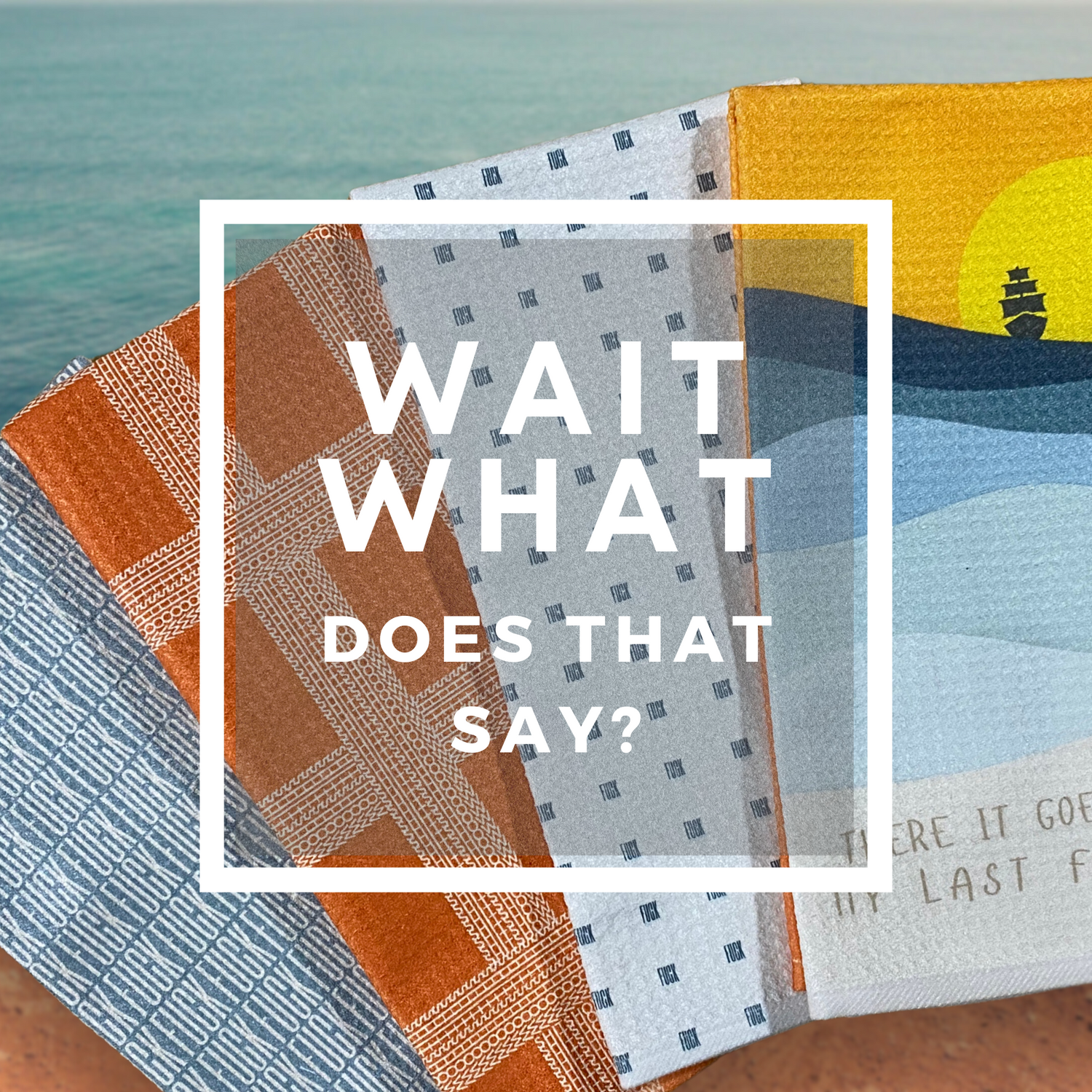 Beach Please Collection - Viral Illusion Kitchen Towels with hidden text designs, displayed against an ocean backdrop. Optical illusion towels featuring bold patterns and witty, unexpected messages.