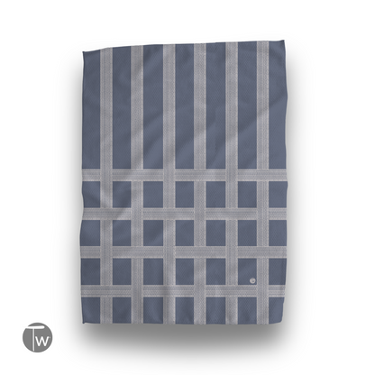 Vintage Shitshow Classic Illusion kitchen tea towel in blue with a striped pattern on a white background.