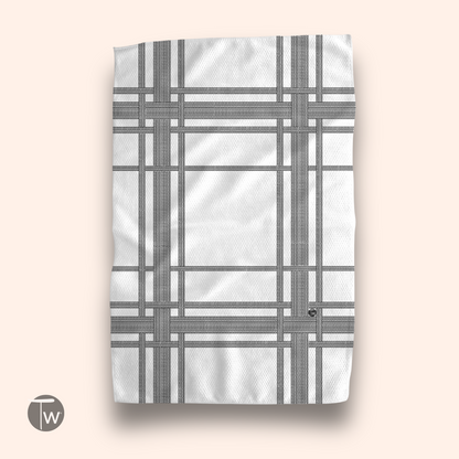 Fkity Fk Illusion Perfect Towel in white with a gray grid pattern, displayed flat against a light background.