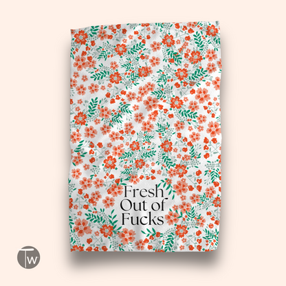 Fresh Out towel featuring a floral pattern with orange flowers and green leaves on a white background.