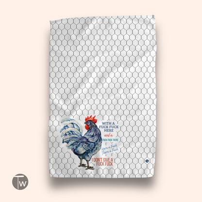 Perfect Towel™ featuring a rooster illustration and humorous text on a white honeycomb background.