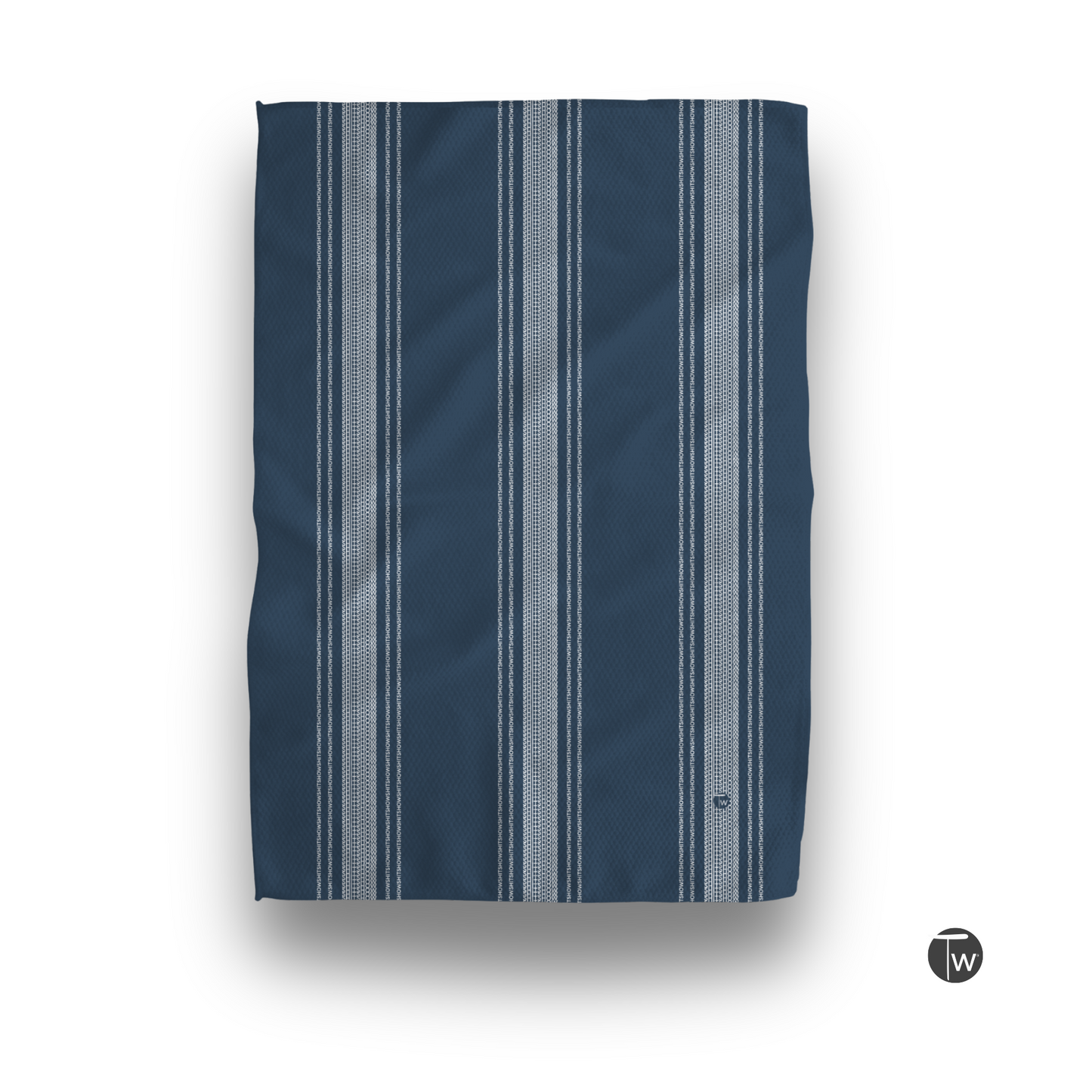 Dark blue towel featuring French stripe design in lighter shades, displayed flat with a textured surface.