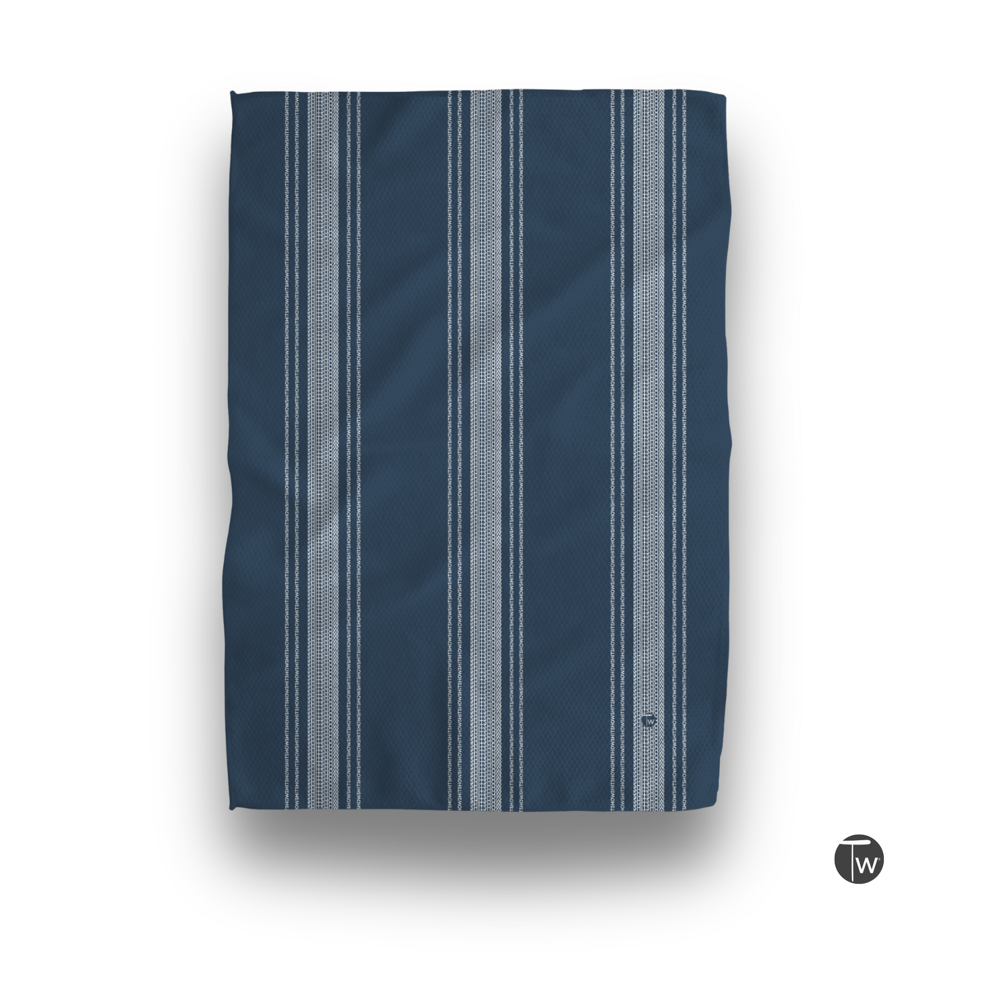 Dark blue towel featuring French stripe design in lighter shades, displayed flat with a textured surface.