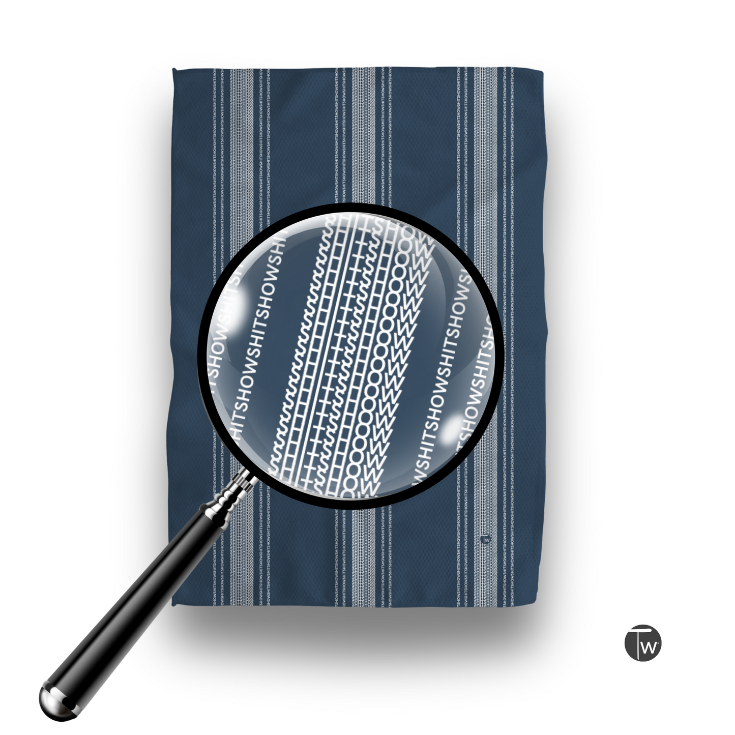 Dark blue Perfect Towel with French stripe design, featuring the word "Shitshow" in a repeating pattern under magnification.