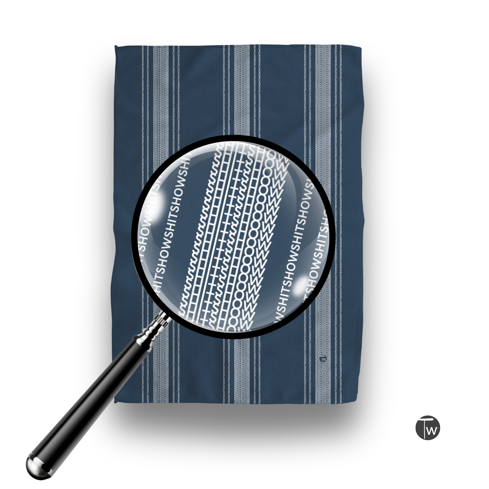 Dark blue Perfect Towel with French stripe design, featuring the word "Shitshow" in a repeating pattern under magnification.