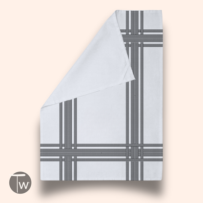Fckity Stripe Illusion black cotton tea towel with black striped pattern on a white background.