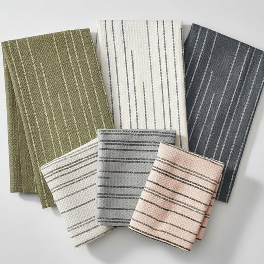 Set of striped towels in various colors on a textured white background