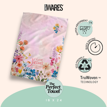 I Love Jesus but I Cuss a Little towel featuring floral design, eco-friendly materials, and quick-drying technology.
